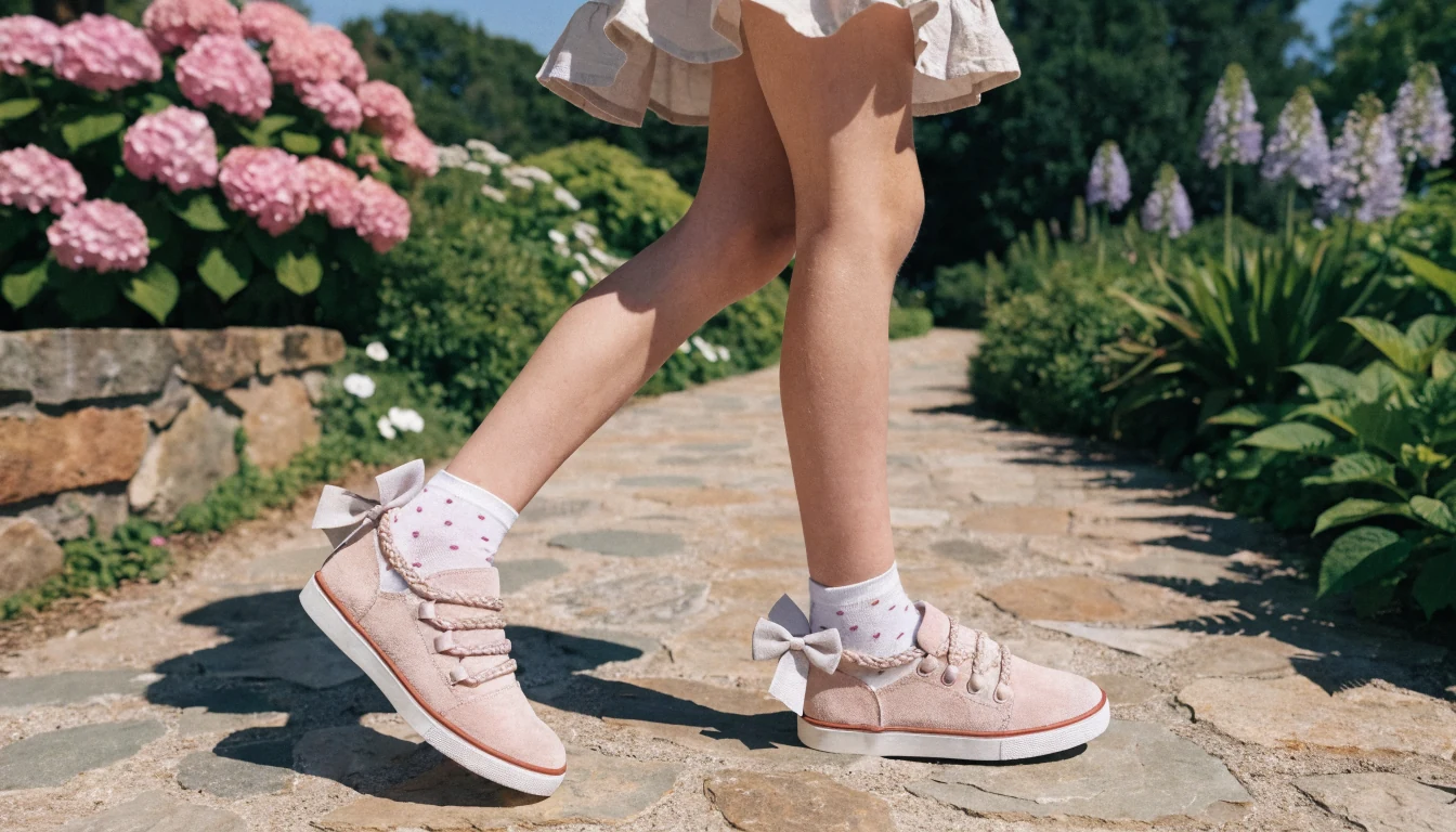 Bambina con scarpe casual rosa e dettagli bon ton